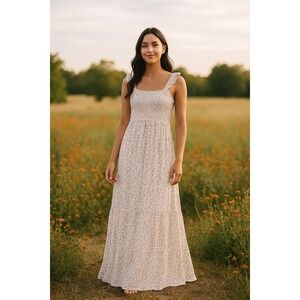 Hippie Rose‎ Maxi Dress Jr XS Ivory Pink Smocked Ruffle Cottagecore Floral Boho